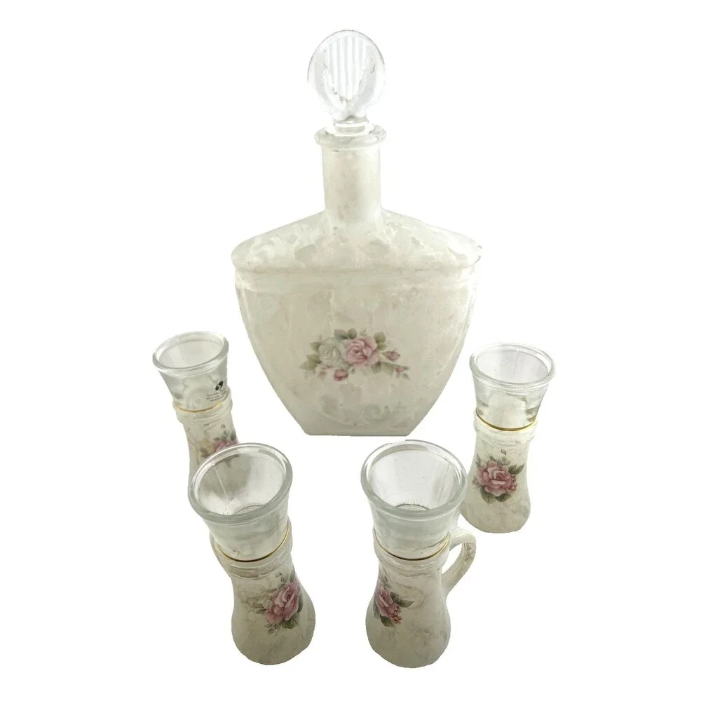 Arte MURANO Crystal Silvestri Decanter & Cordial Glasses Set White Marble Rose